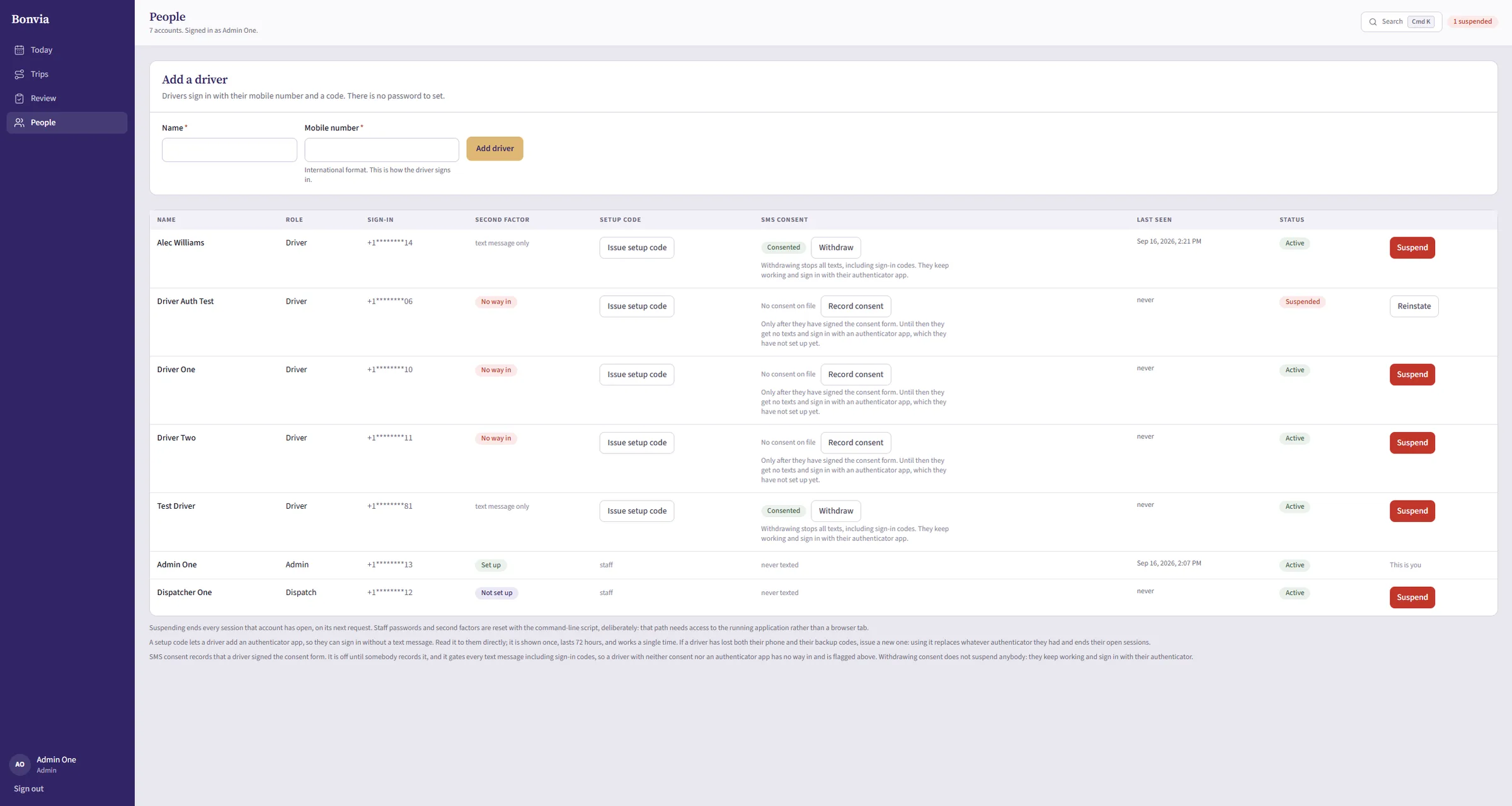 Dispatch app people screen with SMS consent controls