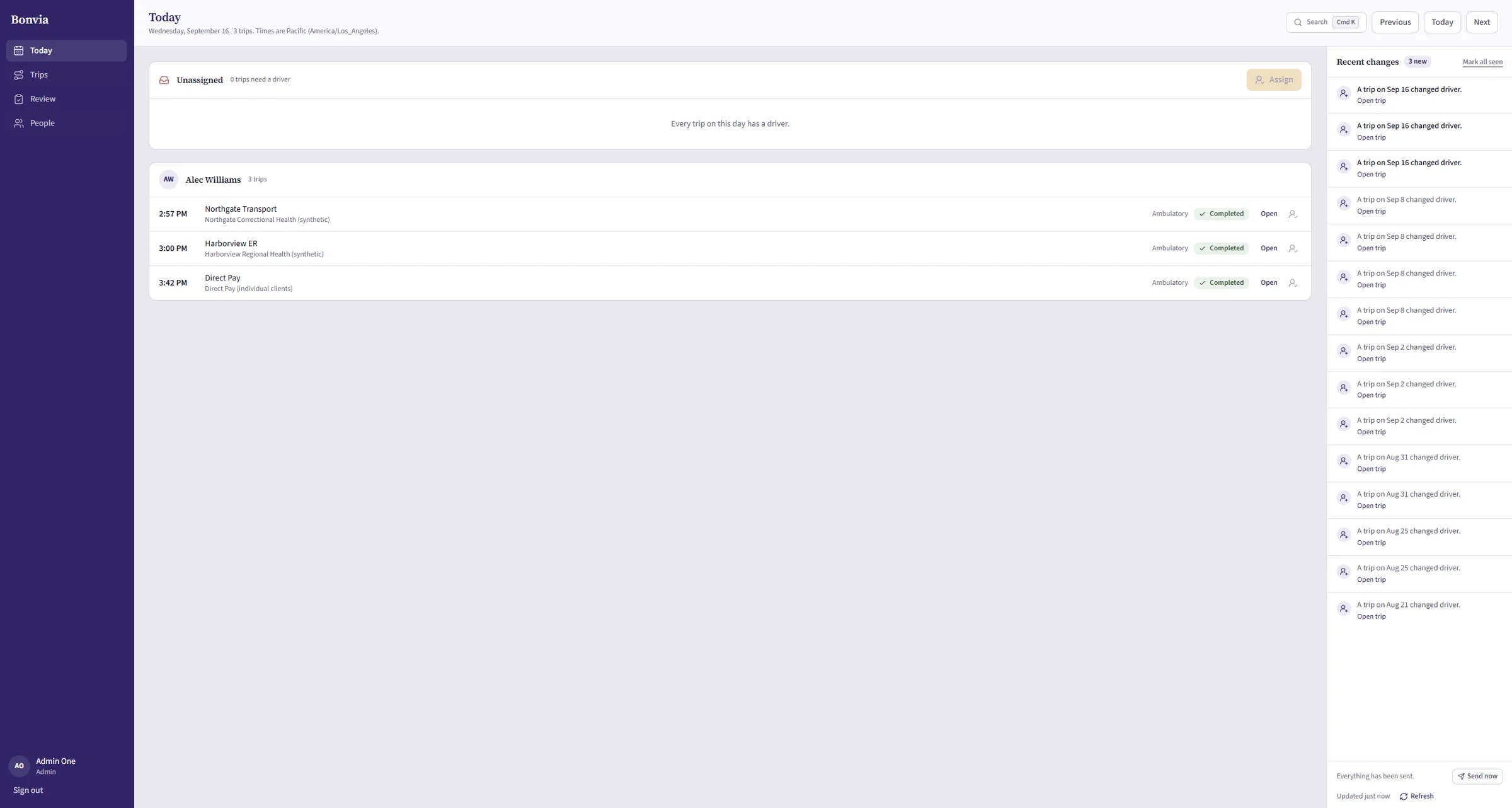 Dispatch app today view with trips grouped by driver