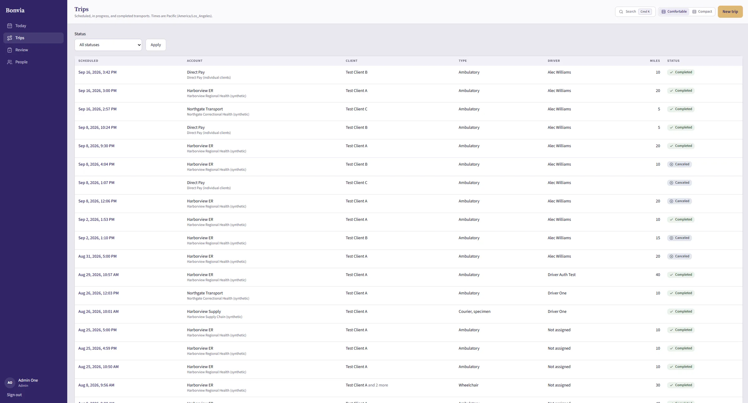 Dispatch app trip list with status filters