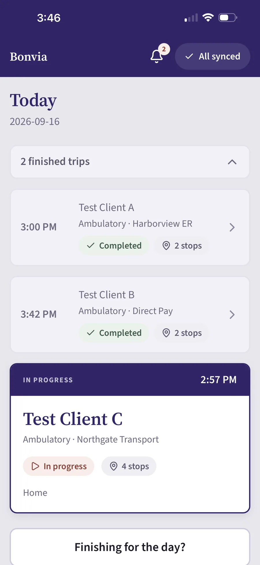 Driver app with finished trips expanded