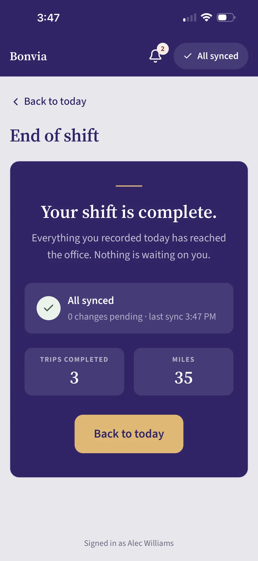 Driver app end of shift summary