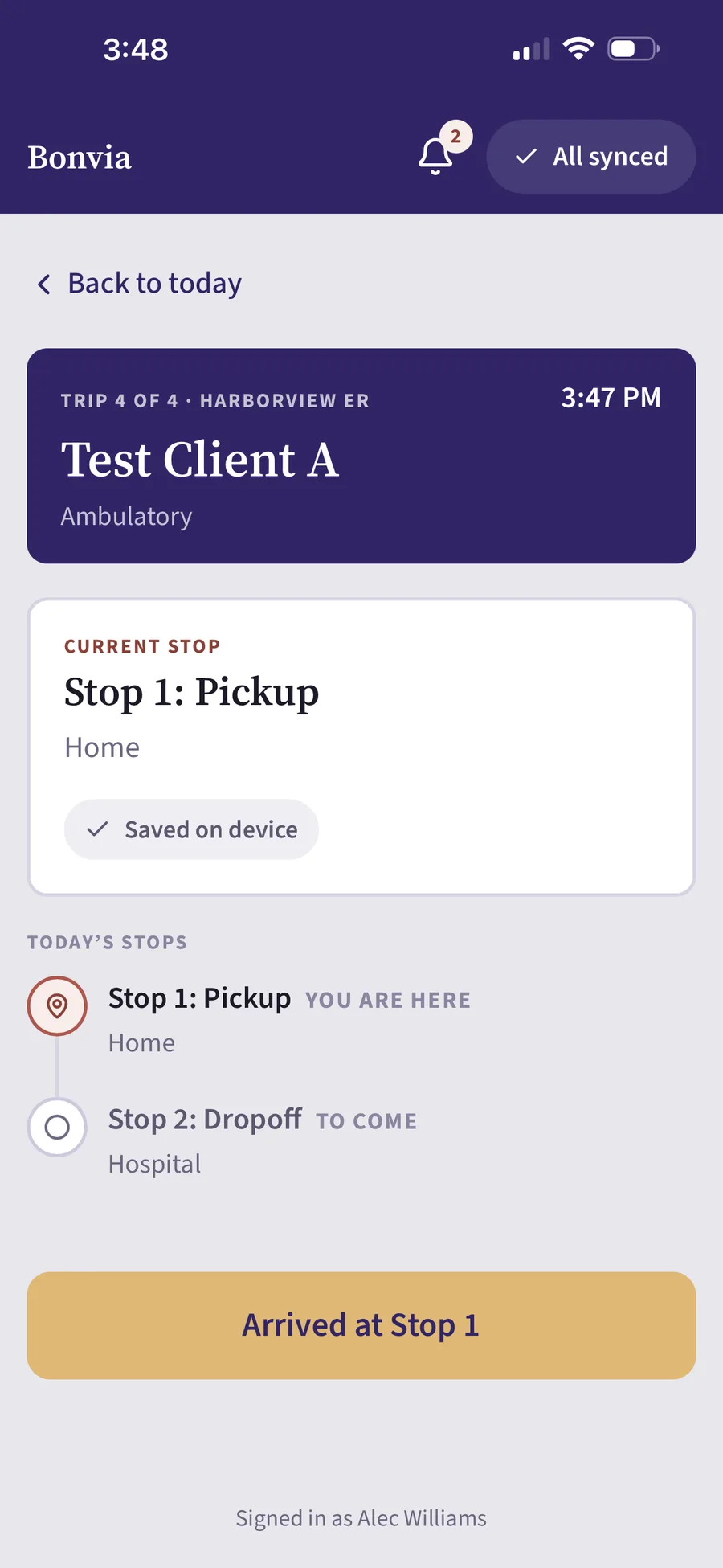 Driver app current stop screen