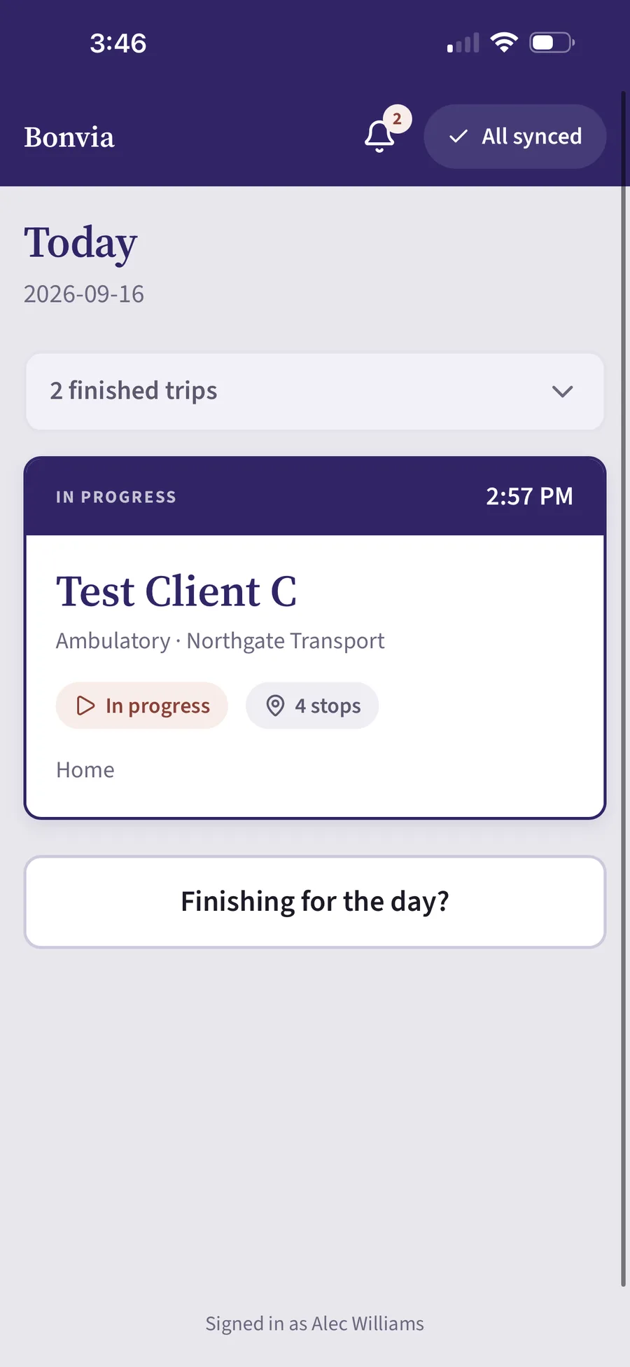 Driver app day view with the trip in progress
