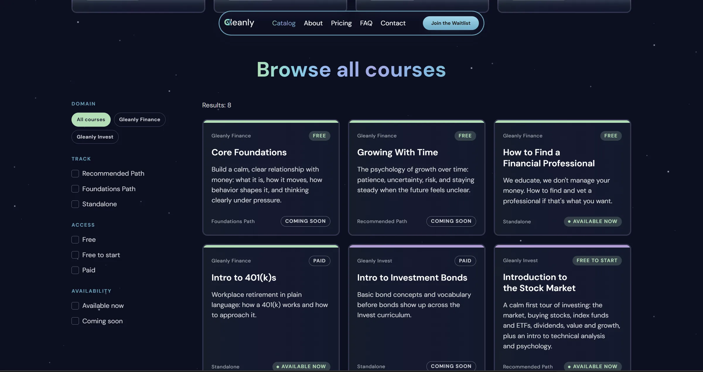 Gleanly website course catalog