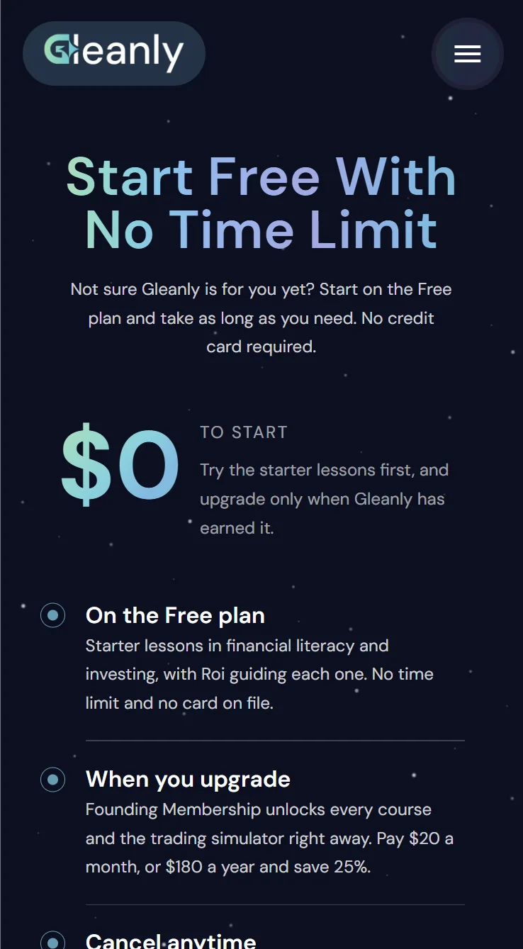 Gleanly pricing page on a phone